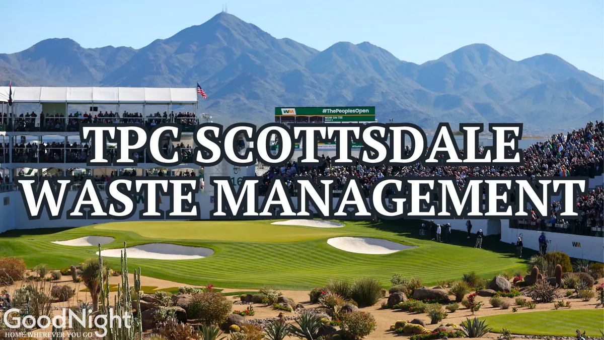 A vibrant golf course scene featuring a lush fairway, grandstands, mountains, and a social crowd. The atmosphere is lively and professional, reflecting the proximity to top golf courses like TPC Scottsdale, as highlighted in the section.